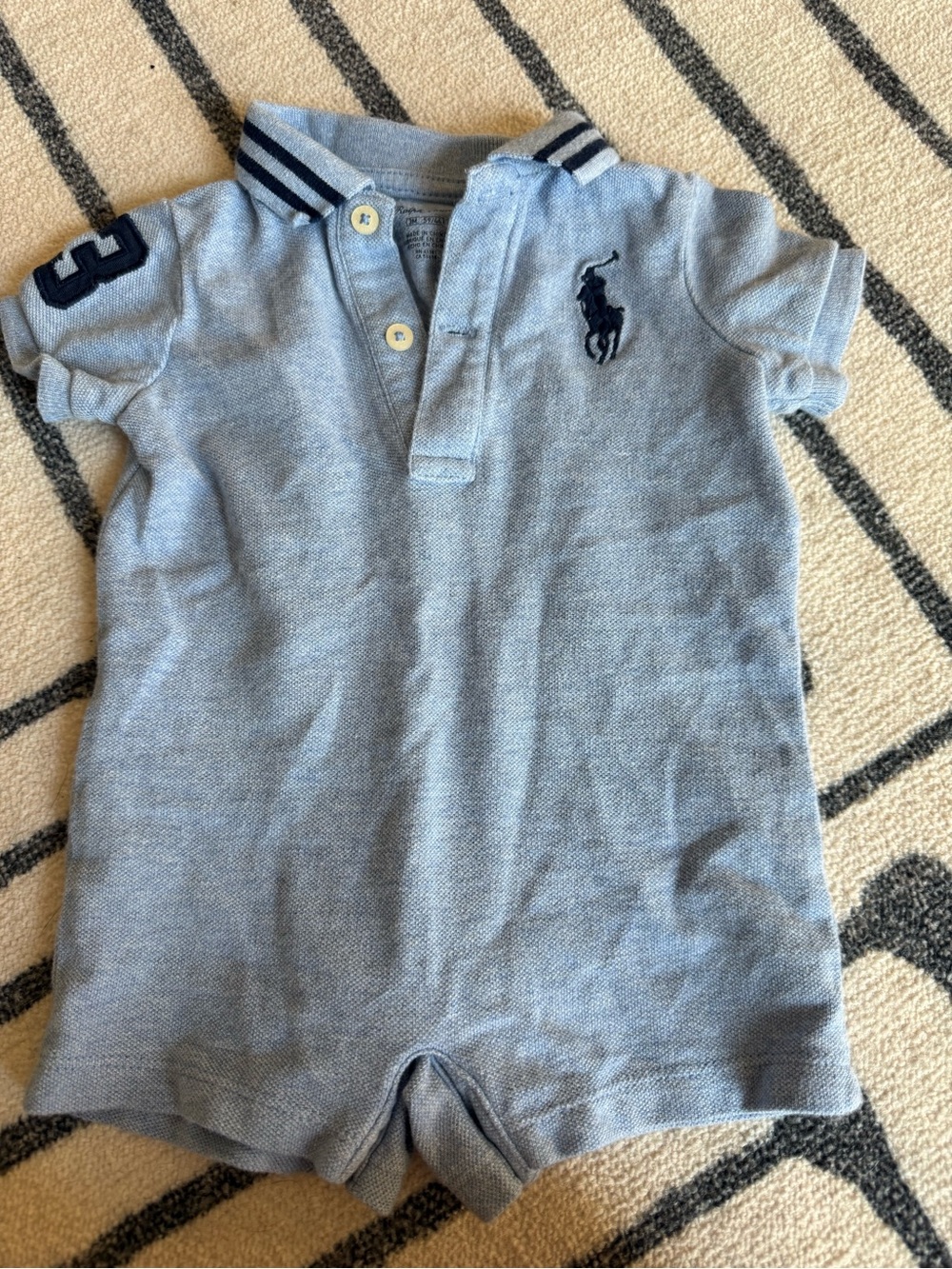 Ralph Lauren Light Blue Polo Romper with Navy Accents